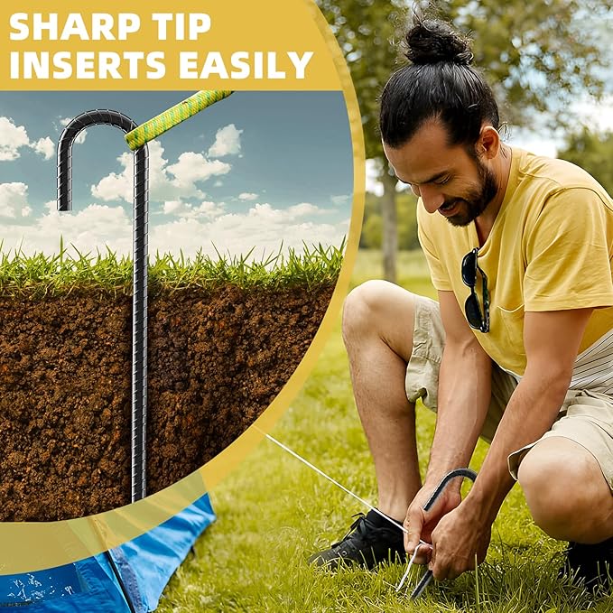 12 Inch Rebar Stakes, 4 Pack J Hook Heavy Duty Ground Stakes for Canopy Tent Trampoline and Chain Link Fence Rust Proof Coated Steel Ground Stakes Ground Anchors (Black)