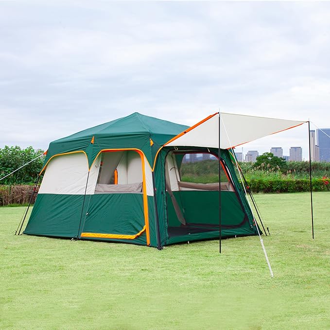 KTT Large Tent 6-12 Person,Family Cabin Tents,Straight Wall,3 Doors and 3 Windows with Mesh,Waterproof,Big Tent for Outdoor,Picnic,Camping,Family,Friends Gathering.