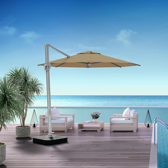 Midtown Umbrellas 10 Ft Outdoor Cantilever Patio Umbrella w/Sunbrella Heather Tan Fabric - 360° Rotate Offset Patio Umbrella, Deck Patio Umbrella, Backyard Umbrella & Garden Umbrella - Silver Frame