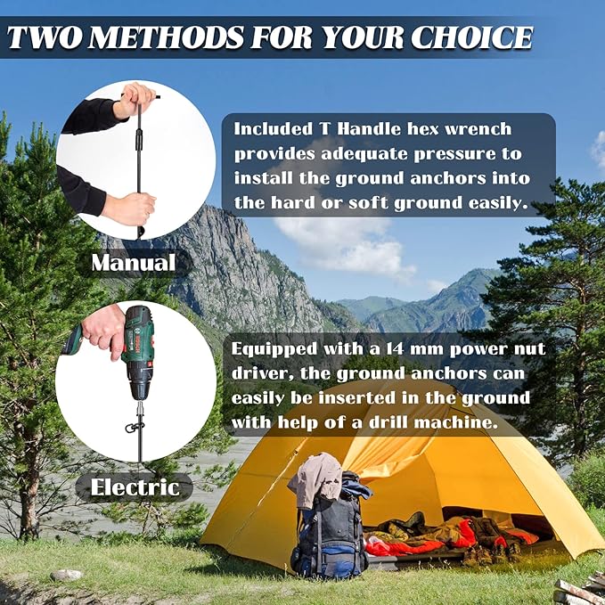 6 Pack Ground Anchor Heavy Duty Earth Anchors with T Handle Hex Wrench & Power Nut Driver, Metal Stakes Ground Anchors Screw in for Swing, Trampoline, Tents, Securing Animals