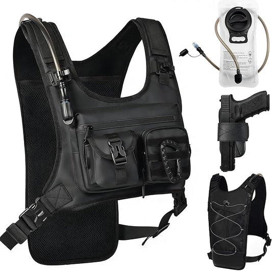Hydration Running Vest Backpack with 2L Water Bladder - Lightweight & Reflective Chest Pack, Includes Tactical Gun Holster & Free Carabiner for Hiking, Running, Cycling, Marathon (Men & Women)