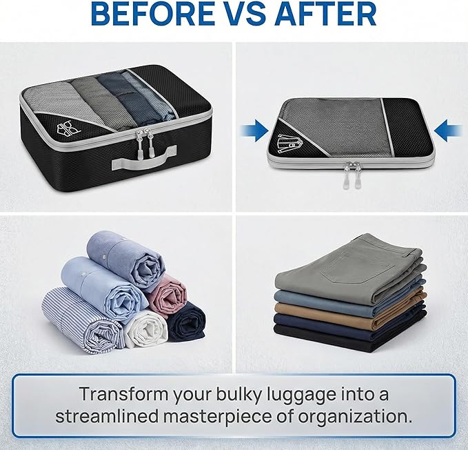 6Pcs Compression Packing Cubes Set, Waterproof Travel Luggage Organizer with Drawstring Bag, Lightweight Nylon Suitcase Storage Bags for Travel Camping Business Trip