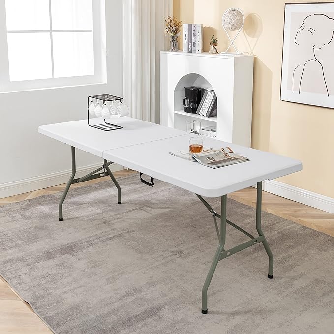 BTEXPERT Set of 2, Fold-in-Half Folding Utility Table 6 Feet 72"x 29.5" Lightweight Portable Carrying Handle Indoor Outdoor Picnic Camping Office Home Party Wedding Event Easy Clean Store Care White