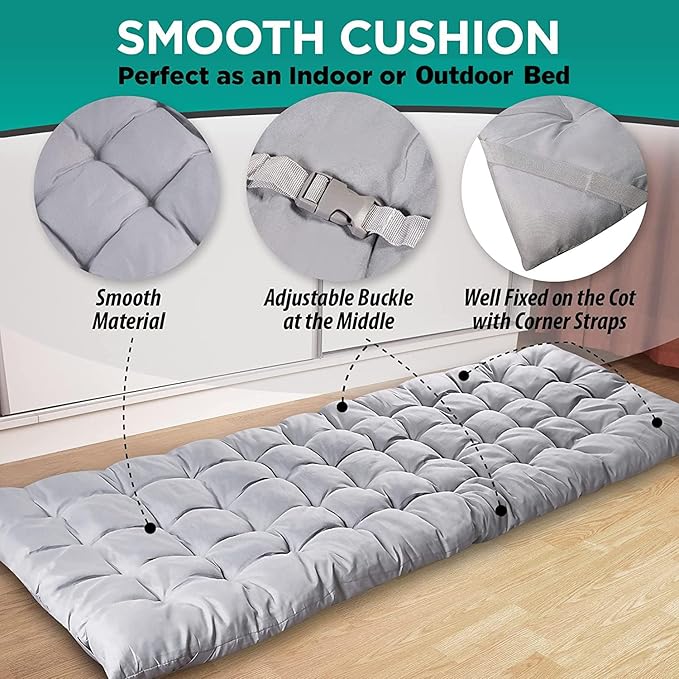 ZONETECH Outdoor Camping Travel Cot and Cot Pad - Foldable Classic Grey Quality Lightweight Portable Heavy Duty Adult & Kids Travel with Large Pocket and Cushion Perfect for Hiking, Camping (1-Pack)