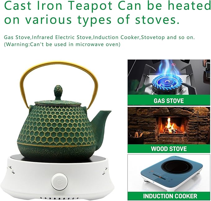YJX Cast Iron Teapot and Cups Set, 33.8oz Hexagon Pattern Tea Pot Enameled Interior, Tea Kettle for Stovetop, Japanese Teapot Set with Teacups for Adults, Green Kettle with Infuser for Loose Leaf