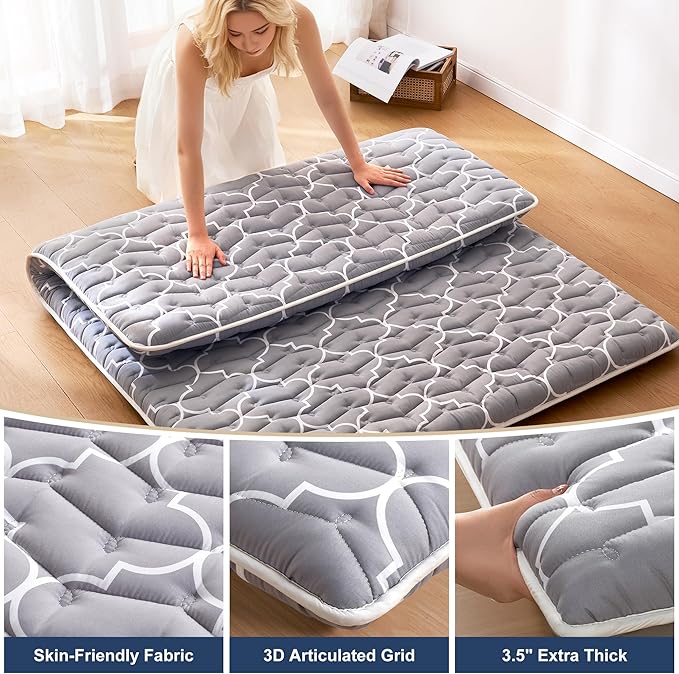 6th Generation Japanese Floor Futon Mattress - Extra-Thick 9-Layer Modern Futon with 100% High-Density Foam, Portable Floor Mattress Sleeping Pad for Adults, Guest Room, Dormitory, Queen Size(60"X80")