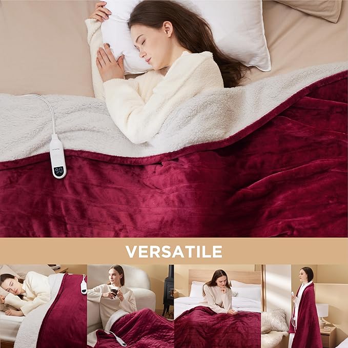 Bedsure Electric Blanket Twin - Soft Flannel Heated Blanket, Fast Heating with 10 Time Settings & 6 Heat Settings, Warm Gift for Grandma (62x84 inches, Burgundy)