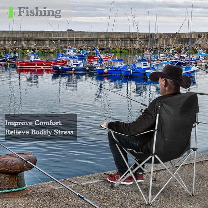 Portable Camping Chair with Back Support, Folding Outdoor Padded Lawn Chair with Cup Holder Storage for Hiking, Lawn, Concert, Fishing, Iron Frame, 600D Fabric