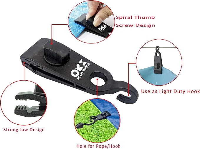 ORXPLUS TOOLS 4pcs Thumb Screw Tarp Clips with Hook, Tent Clamps, Awning Clamp Set for Camping Canopies, Car Cover, Winter Boat, Pool, Sun Shade