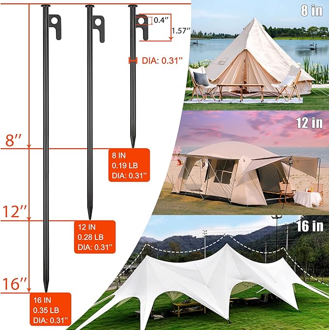 16 Pack Tent Stakes Heavy Duty Metal Tent Pegs for Camping Steel Tent Stakes 12 inch Unbreakable and Inflexible