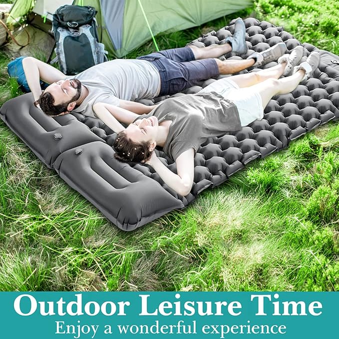 Double Sleeping Pad Camping, Self Inflating 4'' Extra-Thick 2 Person Pillow Built-in Foot Pump Waterproof Inflatable Sleeping Mat Backpacking, Tent, Hiking, Portable Camping Pad (Grey-Full)