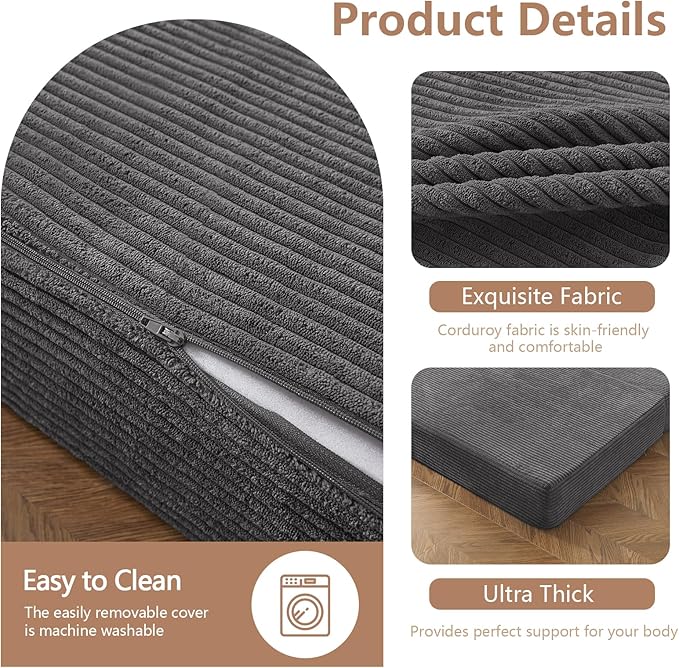 BYBYME Corduroy Tri-Folding Mattress, 6 Inch Gel Folding Mattress Topper, Foldable Soft Guest Bed Camping Pad, Washable Cover (Dark Gray, Twin)