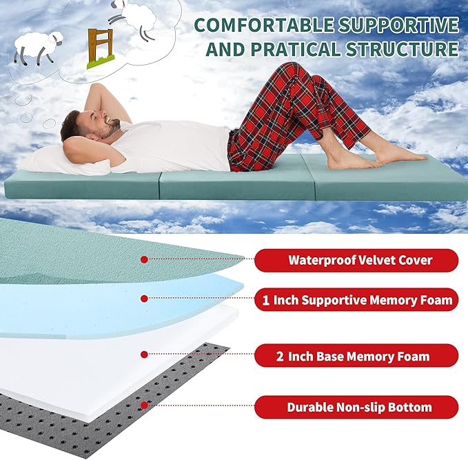 HOMBYS Tri Folding Memory Foam Camping Mattress for Outdoor Sleeping, Portable Waterproof Camping Pad Mat for Travel Truck Bed Tent