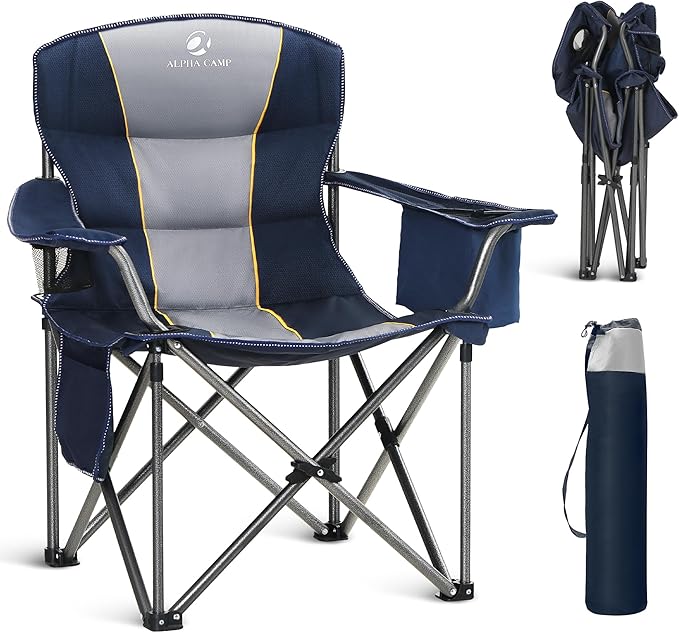 ALPHA CAMP Oversized Folding Camping Chair, Heavy Duty Portable Lawn Chairs with Cooler Bag, Side Pocket & Cup Holder, Folding Chairs for Outside Support 450 LBS