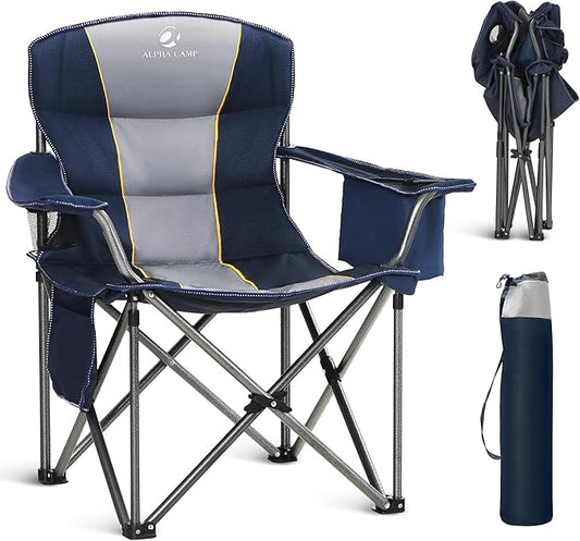 ALPHA CAMP Oversized Folding Camping Chair, Heavy Duty Portable Lawn Chairs with Cooler Bag, Side Pocket & Cup Holder, Folding Chairs for Outside Support 450 LBS