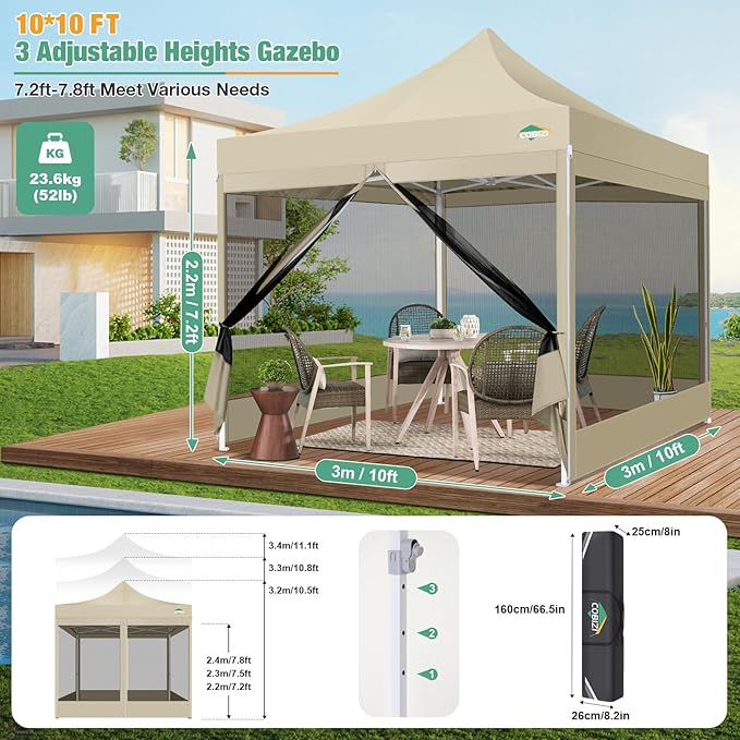 COBIZI 10x10 Canopy Tent, Heavy Duty Pop up Canopy with Sidewalls, Waterproof Easy Setup Canopy with Mosquito Netting, Outdoor Instant Screen Tents for Parties, Wedding, Backyard with Carry Bag, Khaki