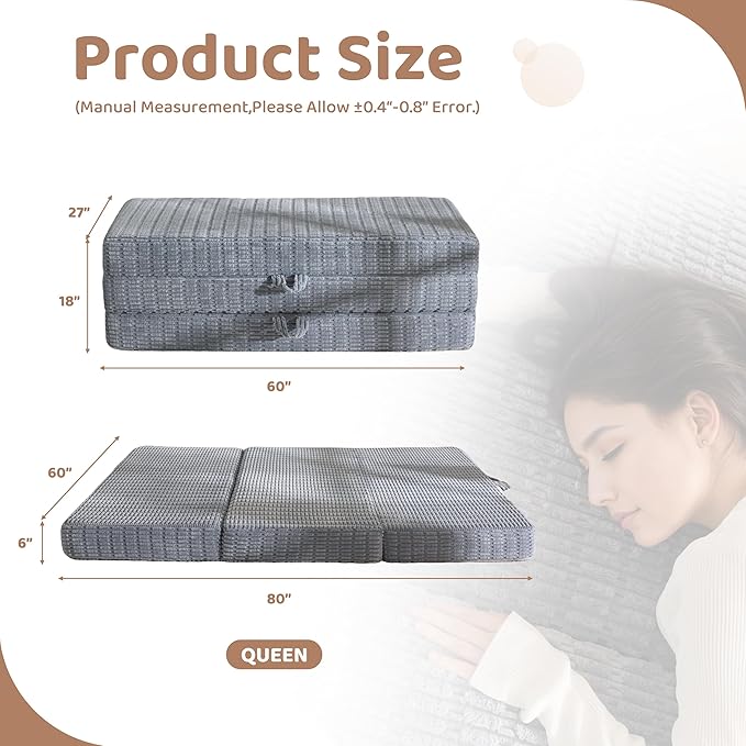 BYBYME Memory Foam Tri-Folding Mattress, 6 Inch Gel Folding Mattress Topper, Foldable Soft Guest Bed Camping Pad, with Washable Cover