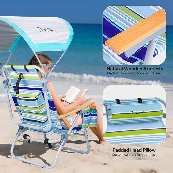 4-Position Reclining Backpack Beach Chair with Canopy Headrest Cooler Bag Cup Holder Towel Bar Storage Pouch Wooden Armrests Aluminum Frame Supports 400 lbs Foldable for Adults Camping Travel