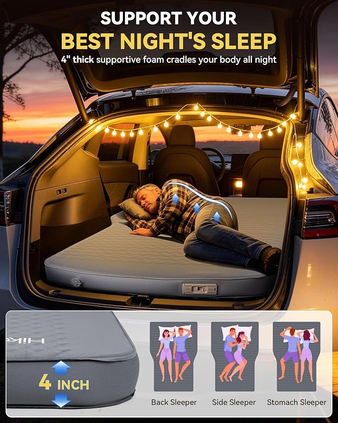 Hikenture Camping Mattress for Tesla Model Y, Electric Pump Self Inflating Sleeping Pad, 4” Thick Foam & Air Model Y Mattress Bed, 9.5 R-Value Insulated Camping Pads for Tesla