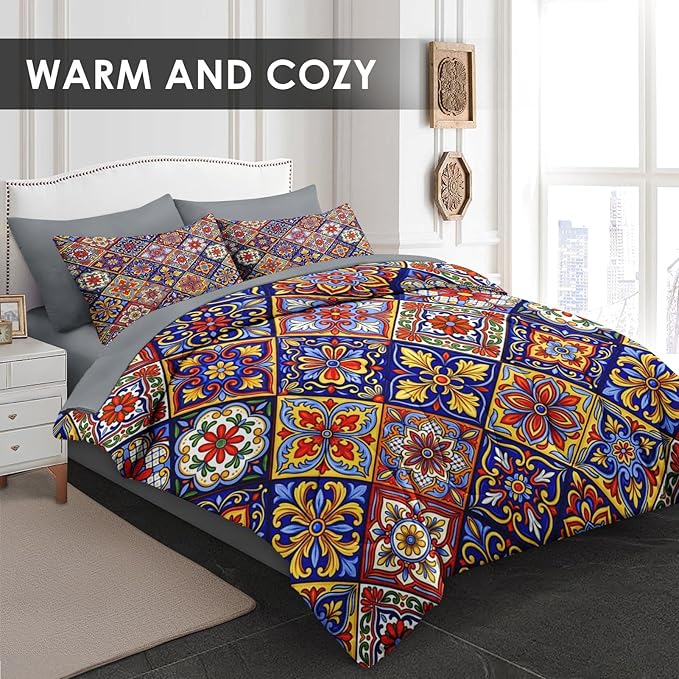 Comforter Set Full Size, Mexican Talavera Ceramic 7 Pcs Bedding for Kids and Adults, Italian Spanish Bed Sheet Sets with Fitted Sheet 2 Pillowcases & 2 Shams for Bedroom Bed Decor