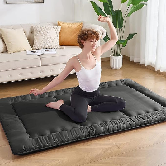 Japanese Floor Futon Mattress 25D Full Size 54"x 80", 4" Thicken Foldable Mattress Tatami, Breathable & Supportive Tatami Mat for Guest Room, Kids Space & Dorm, Solid Black