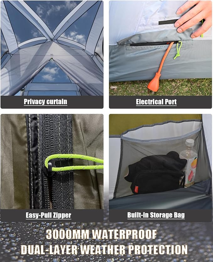 Three Bears 6-Person Tent, 3000mm Waterproof Double-Layer Tent with Room Dividers, Family Tent with Color-Coded Connection Buckles, Front and Rear Vestibules Can Be Set Up as Sunshade Canopies