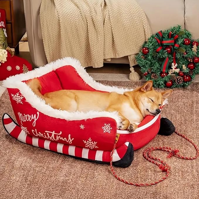 Christmas Sleigh Dog Cat Beds, Christmas Themed Pet Sleigh Bed, Festive Insulated Nest for Winter Holiday Puppy Animal Calming Sleeping Kitten Cold Weather Nights Indoor Rest
