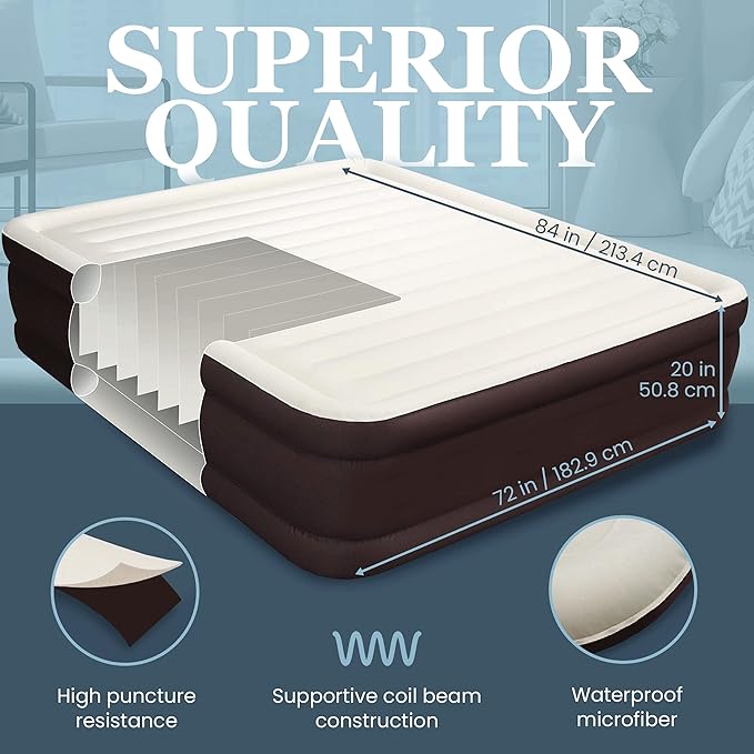 Englander California King Air Mattress with Built in Pump Raised - Double High- Luxury Size Camping Mattress - Blow Up Floor Bed for Home - Microfiber, Waterproof Airbed with Patch Kit