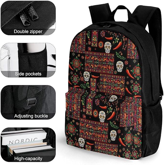 Daypack Backpack Polyester Anti-Theft Multipurpose Mexican Style Sugar Skull Traditional Paisley Bookbag Big Capacity Travel Hiking Camping Rucksack With Smooth Zippers