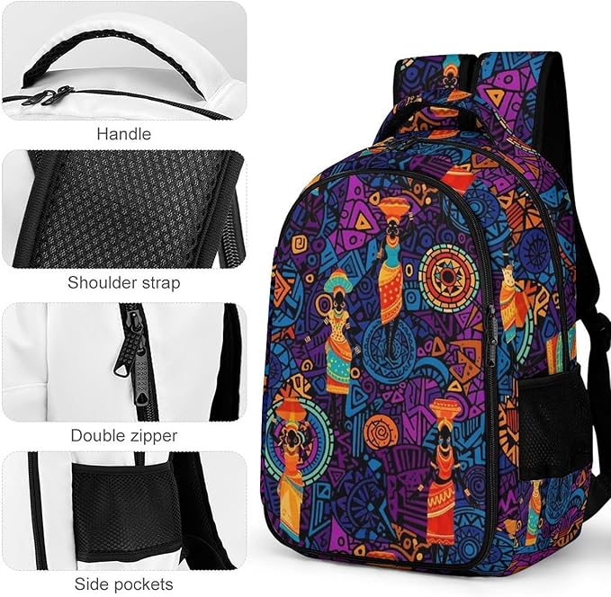 Travel Laptop Backpack Colorful Ethnic Dress Traditional African Black Women for Men Women, Water Resistant Business Anti Theft Computer Bag with Multi Compartments for College Work Hiking