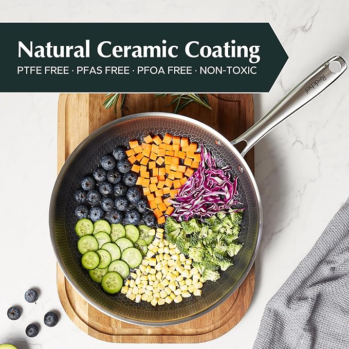 Redchef Non Stick Frying Pans, Hybrid Ceramic Frying Pan, Nonstick Skillet with Stay-Cool Handle, Non Toxic, PFAS PFOA & PTFE Free, Dishwasher & Oven Safe, Compatible All Cooktops (Black, 12 inch)