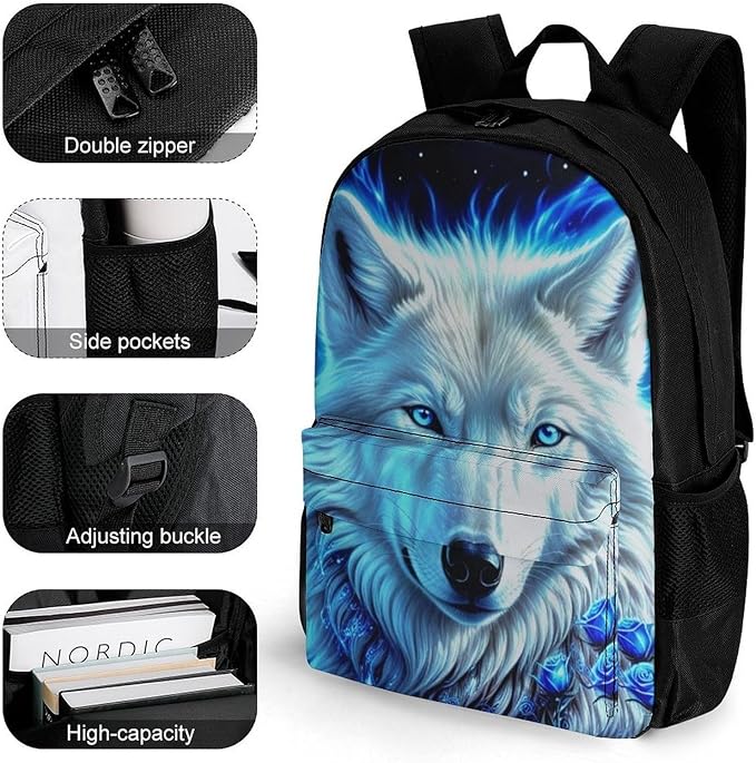 Rucksack Anti-Theft Multipurpose Big Capacity Carry On Bag, White Galaxy Wolf With Blue Rose Traveling Camping Backpack With Side Pockets