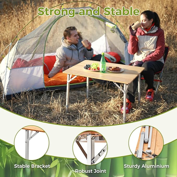 ATEPA Bamboo Folding Table, 32 * 24'' Adjustable Height Folding Camping Table, Eco Friendly l Wooden Folding Table with Aluminum Legs, Carry Bag for Picnic Beach Fishing Outdoor Indoor, 2-4 Person