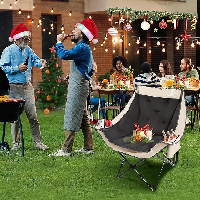 Nice C Padded Camping Chair, Oversized Camping Chairs, Oversized Thick Padded Folding Chairs, Outdoor Sports Chair, Heavy Duty, with Cooler Bag, Cup Holder, Side Pockets (1 Pack)
