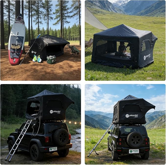 PlayDo Inflatable Rooftop Tent Easy Setup Camping Tent for The Roof of Sedans Pickup Blow Up Roof Top Tents SUV Truck Van Glamping Tent with Porch, Strip Light for 2-3 Person