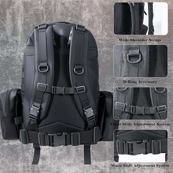 60L Tactical Backpack Military 3-Day Assault Pack, Waterproof Molle System Rucksack with Detachable Bag, Survival Bug Out Backpack for Men & Women(Black)