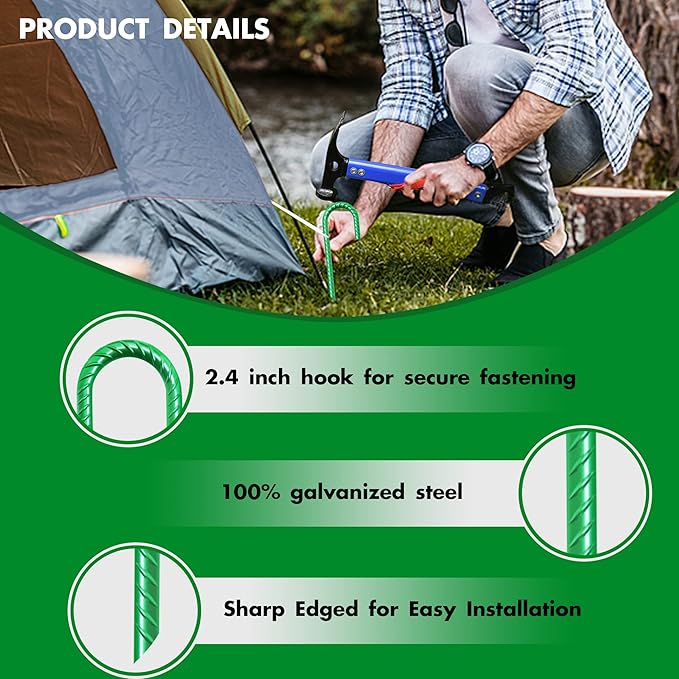 Eurmax USA Trampolines Stakes Heavy Duty Ground Stakes Canopy Parts Wind Stake with Rope 12 Inch Heavy Duty Stake Safety Ground Anchor Galvanized Steel J Shaped, Pack of 4(Green)