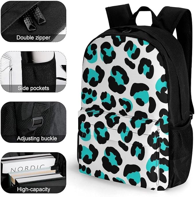 Lightweight Rucksacks for Camping Picnic Walking Cycling, Large Capacity Multipurpose Anti-Theft Carry On Bag, Cheetah Blue And Black Leopard Travel Hiking Camping Rucksack