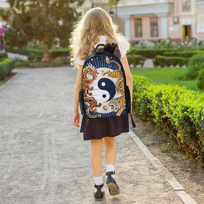 Daypack Backpack Multipurpose Anti-Theft Large Capacity Bookbag, Yin Yang Dragon Tiger Travel Hiking Camping Rucksack With Adjustable Shoulder Straps