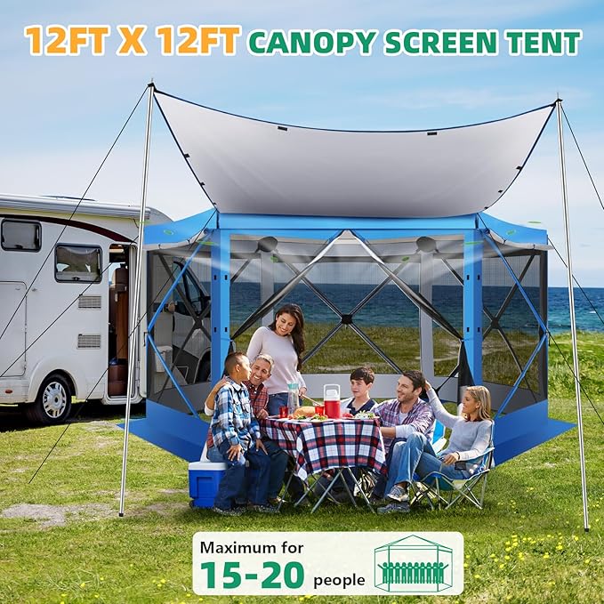 COBIZI Pop Up Gazebo Screen Tent Screen House for Camping, 12x12 Screen Room with Mosquito Netting, Hub Tent Instant Screened Canopy with Carrying Bag and Ground Stakes, Blue