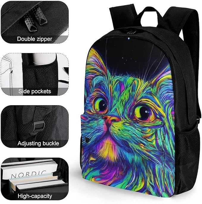 Daypack Bookbag Multipurpose Anti-Theft Big Capacity Carry On Bag, Colorful Trippy Cat Travel Hiking Camping Rucksack With Padded Straps