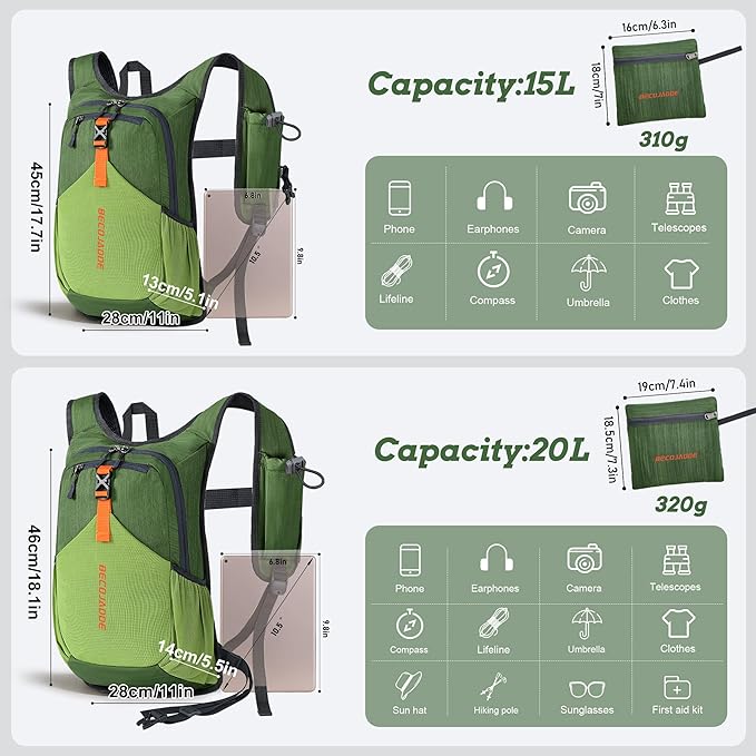 20L Small Hiking Backpack for Men Women Foldable Packable Back Pack Ultralight Hiking Daypack for Travel Camping Outdoor, Olive Green