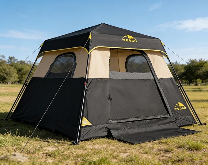 3/4 Person Camping Tent with 1 Door, 4 Windows, and Upgraded Ventilation– Instant Setup, Waterproof, 8'x 8'x 67''Oxford Fabric Floor Pop Up in 60 Seconds Includes Rainfly and Backpack