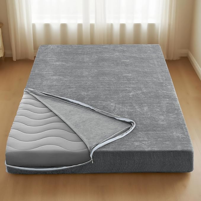 H.VERSAILTEX Queen Size Armless Futon Mattress Covers for Traditional Japanese Futon Mattress Soft Mixed-Color Chenille Couch Slipcovers Floor Mats Sofa Protector Zippered Sleeper Sofa Cover,Grey