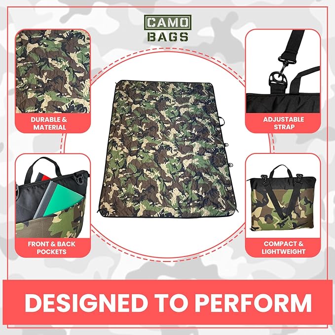 Outdoor Packable Camo Blanket - 1000D Polyester Interior & RIPSTOP Fabric Exterior Blanket with Adjustable & Removable Carrying Strap - Front, Back Storage Pocket - Ideal for Camping & Outdoor Use