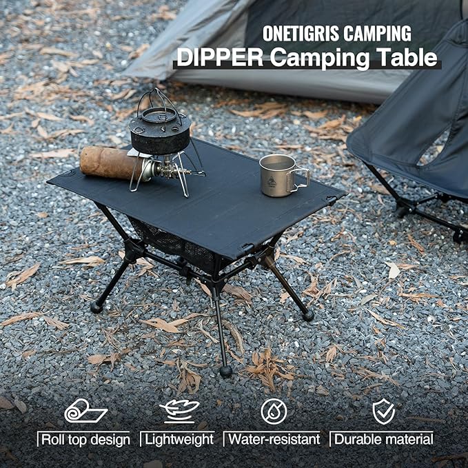 ONETIGRIS Dipper Camping Table, Lightweight Portable Folding Table with Mesh Storage Net, High/Low Options, Ideal for Camping, Hiking, Tailgating, Beach, Picnic, Travel, Backyard