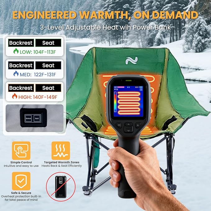 Begonia.K Oversized Heated Rocking Camping Chair - 400lbs Capacity Padded Camping Recliner w/ 3 Levels Back Seat Heat - Folding Lawn Chair with Side Pockets for Camp Patio Backyard