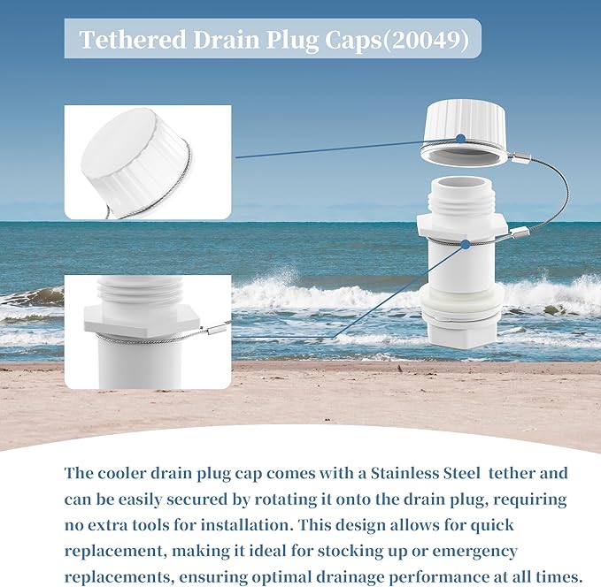 Upgraded Cooler Drain Plug Caps Replacement Parts, Compatible with Igloo 50-165 Qt, Threaded Caps with Stainless Steel Tether-2 Pack
