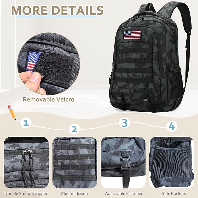 Camo Backpack for Boys 3 in 1 Set, 19 Inch 55L Tactical Bookbag with Lunch Box Pencil Case, Molle School Backpack for Kids Teens, Daily School Commute Outdoor Camping for Elementary Middle High School