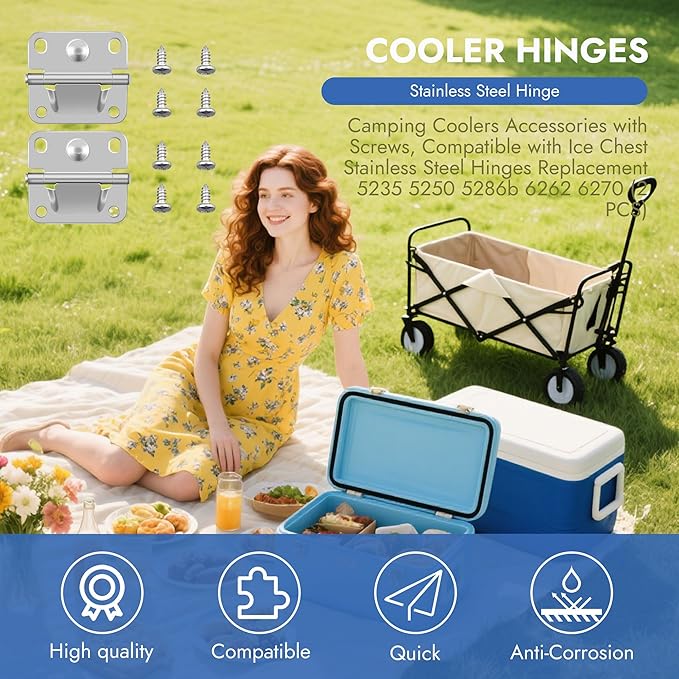 4-Pack Cooler Stainless Steel Hinge Replacement for Coleman Ice Chest - Compatible with Models 5235, 5250, 5286B, 6262, 6270 - Camping Cooler Accessories Includes 16 Screws